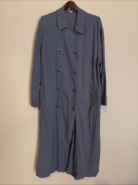 Free People Sweet Melody Trench Coat Duster Double Breast Slate Blue Linen Blend